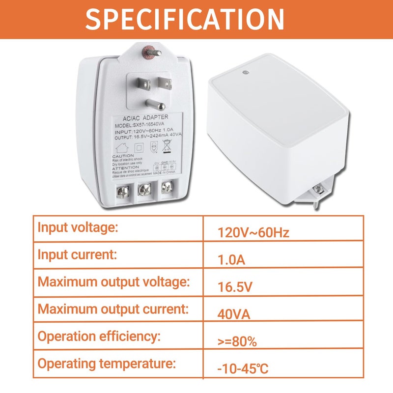 JAMHER 16.5 Volt Doorbell Transformer 16.5VAC 40VA 2424mA Plug in Transformer with PTC Fuse Compatible with Nest Ecobee Sensi and Honeywell Thermostat and All Versions of Ring Doorbell - Image 2